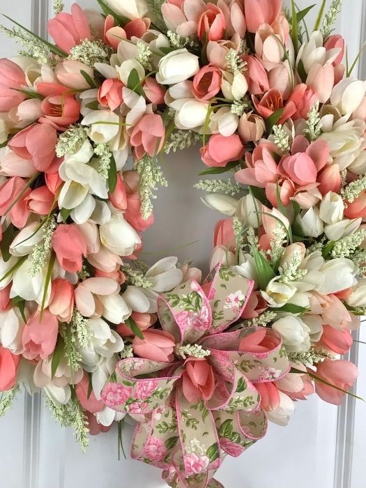 Spring wreath with pink and cream tulips with bow
